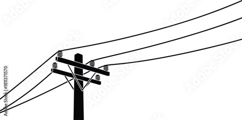 Silhouette of electric utility pole with power lines and insulators for energy distribution concepts.