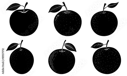 Illustration of six plums with leaves in varying textures and shading in black and white color scheme