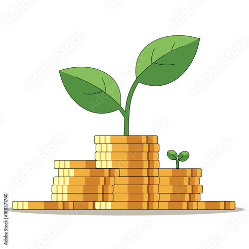 Flat vector of growing money with plant, coins, and rising chart symbolizing investment growth.