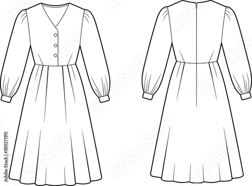 Technical flat fashion sketch of long-sleeve button-front midi dress with gathered waist, flared skirt, front and back views for apparel design