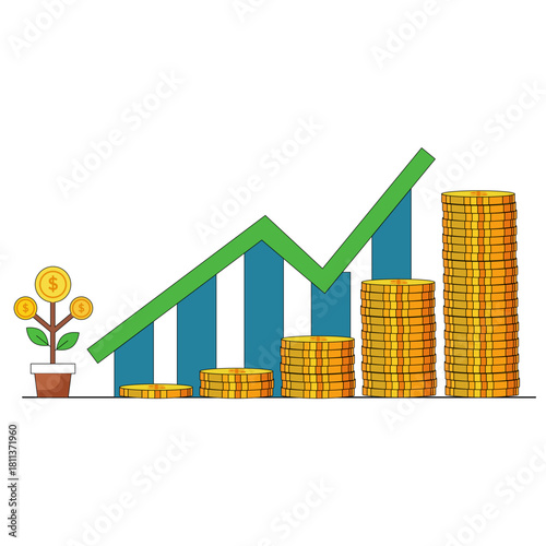 Flat vector illustration of money growth with coins and plant symbolizing investment, savings, and financial growth.
