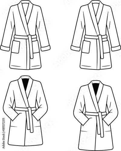 Vector fashion flat sketch collection of belted bathrobes featuring pockets, cuffed sleeves, and detailed front technical views in multiple design variations.