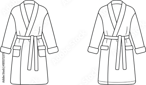 Vector fashion flat sketch of cozy belted bathrobe with patch pockets, cuffed sleeves, and clean detailed front and back technical views.