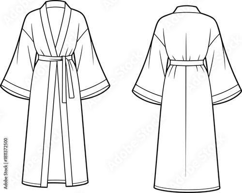 Vector fashion flat sketch of long belted kimono robe with wide sleeves, open front style, and clean front and back technical views.