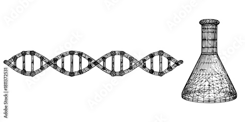 Monochrome Molecular Masterpiece: DNA & Flask | Clean, isolated vector art for creative projects.