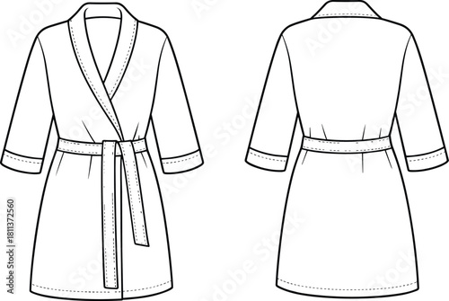 Vector fashion flat sketch of women’s belted bathrobe featuring shawl collar, cuffed sleeves, detailed stitching, and front and back technical views.