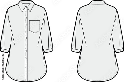 Vector fashion flat sketch of women’s long shirt dress with collar, button front, cuffed sleeves, curved hem, and front and back views.