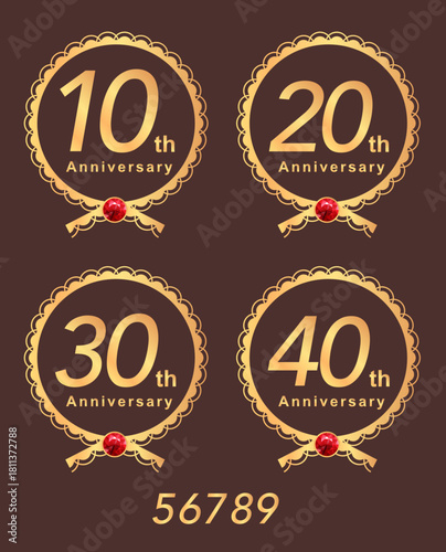 10周年・20周年記念！豪華なレース風リボンメダルセット 高級感のある金色の宝飾付きアニバーサリーバッジ