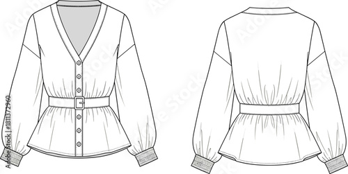 Vector technical fashion drawing of women’s belted blouse featuring V-neckline, button-down front, puff sleeves, gathered waist, and detailed garment flat sketch.