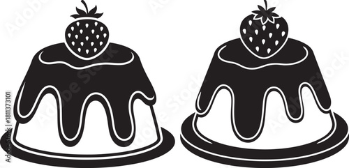 Two delicious chocolate cakes with strawberry topping silhouette