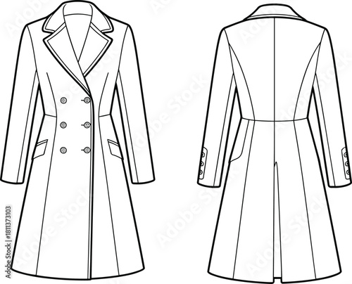 Vector technical flat sketch of long double-breasted women’s coat featuring lapel collar, pocket details, tailored silhouette, structured winter outerwear design.