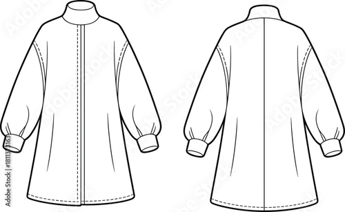 Vector technical flat sketch of oversized long-sleeve women’s coat featuring high collar, relaxed silhouette, cuffed sleeves, minimal outerwear fashion design.