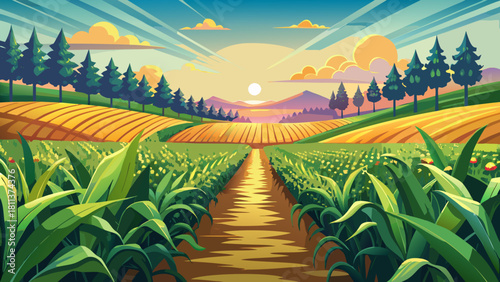 Very beautiful scenic view of a vast corn farm field during summer harvest in rural Ukraine, showing endless green rows, soft warm sunlight, and peaceful agricultural scenery without any time-specific