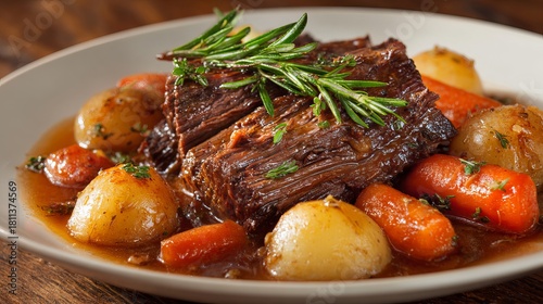 Delicious pot roast with tender carrots and potatoes seasoned with rosemary on rustic wood table for a comforting meal tonight