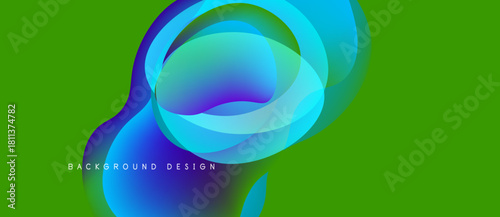 Abstract vibrant design features flowing shapes, bright colors. Green background complements blue, purple gradients. Modern aesthetic.