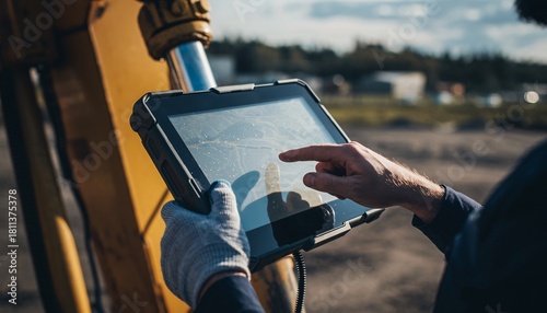 Person in gloves operating a rugged tablet outdoors, likely for industrial or construction work.