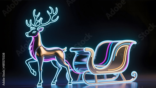 Abstract line art of reindeer and sleigh, glowing neon or metallic aesthetic.