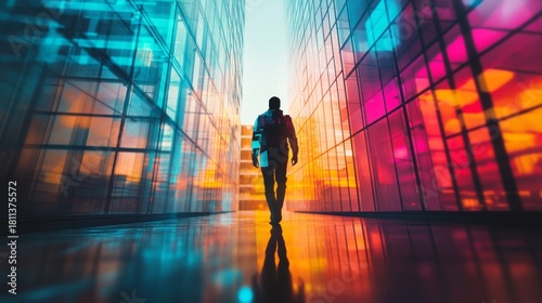 A figure walks through a vibrant corridor of colorful glass. The light reflects a world of possibilities. Dreams await beyond the translucent barriers. Generative AI
