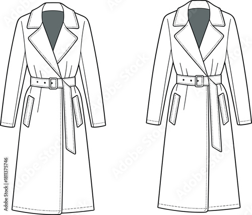 Women’s long trench coat fashion flat sketch with belted waist, wide lapels, pocket details, clean line illustration, and technical garment design.