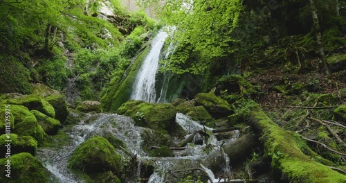 Explore a serene waterfall in the lush greenery of France's nature in early springtime
