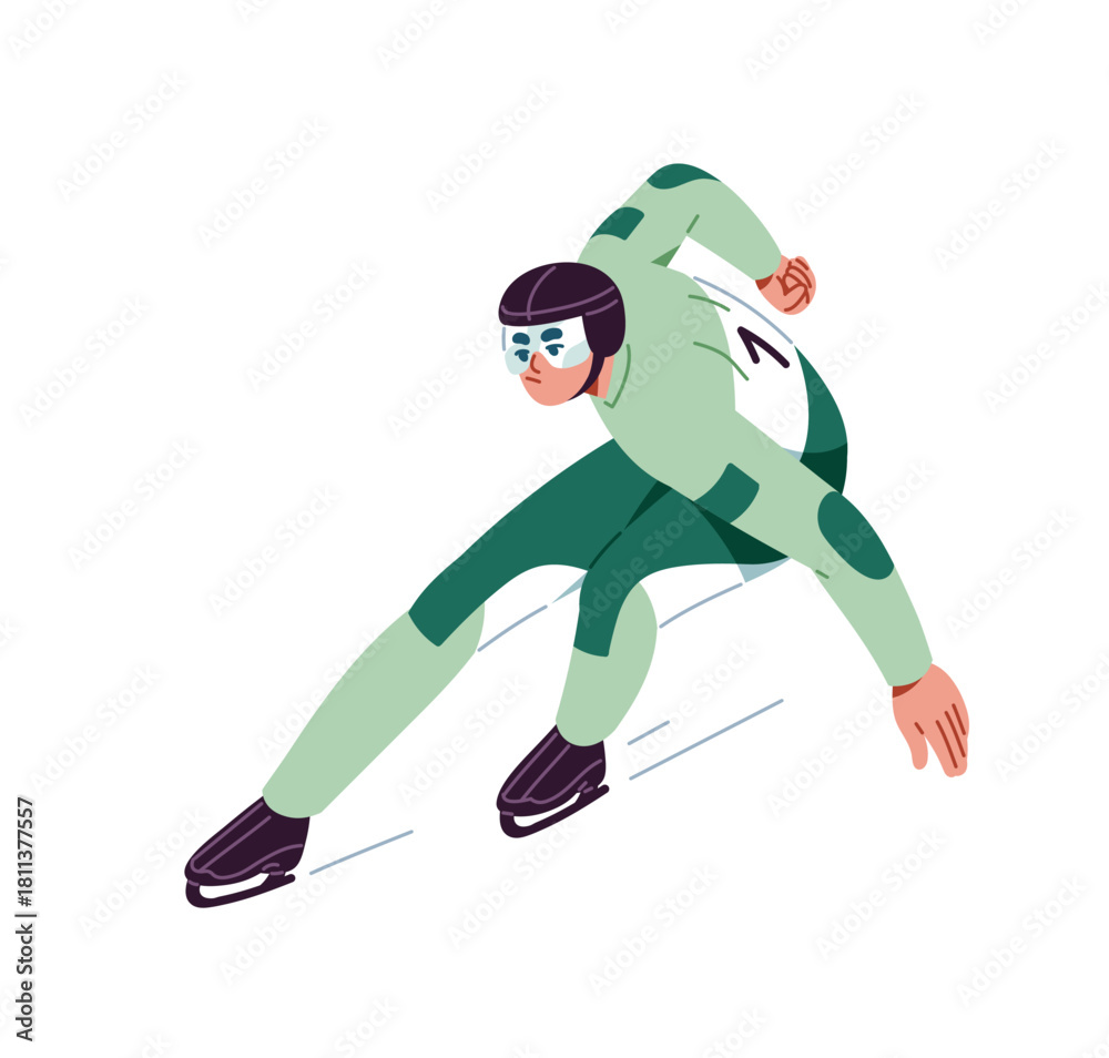 Fototapeta premium Skater with safety helmet is rushing in race on ice rink. Athlete is speed skating. Sportsman in costume rides fast in competition. Winter sport. Flat isolated vector illustration on white background