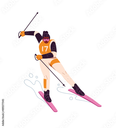 Black woman is ski racing. Skier rides slalom, downhill or cross country. Sportswoman is on snow slope. Athlete is in winter sport competition. Flat isolated vector illustration on white background