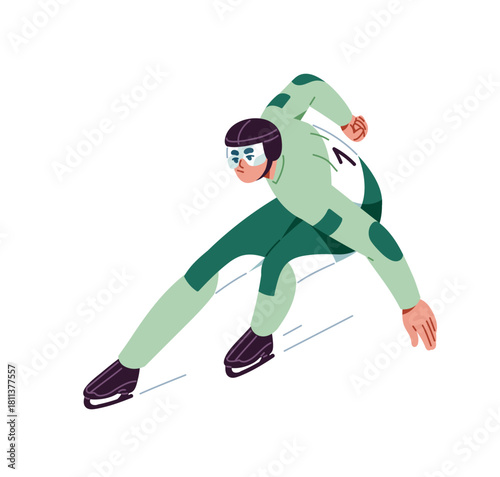 Skater with safety helmet is rushing in race on ice rink. Athlete is speed skating. Sportsman in costume rides fast in competition. Winter sport. Flat isolated vector illustration on white background