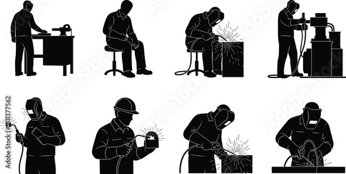 Welder silhouette set, industrial worker collection, men welding with sparks, metalwork fabrication, man using grinder, factory labor, isolated vector icons, welder mask.