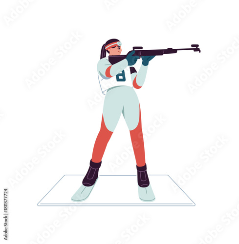 Biathlon competition. Skier in standing position is aiming and shooting. Skiing athlete with rifle. Sportsman of snow race holds weapon in hand. Flat isolated vector illustration on white background