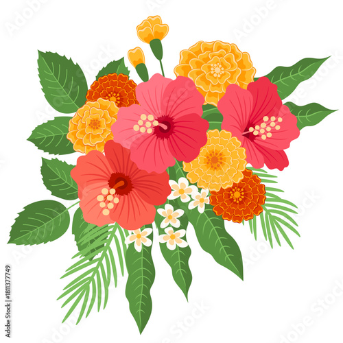 Flower bouquet with Hibiscus, Marigolds, Palm and Mango Leaves. Traditional Indian flower garland