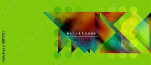 Bright green backdrop features abstract geometric shapes, colorful triangles, circles. Modern design elements create dynamic visual effect.