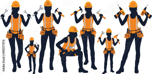 Women construction workers wearing orange safety vests and helmets holding tools representing female empowerment in engineering industrial labor and construction professions illustration design
