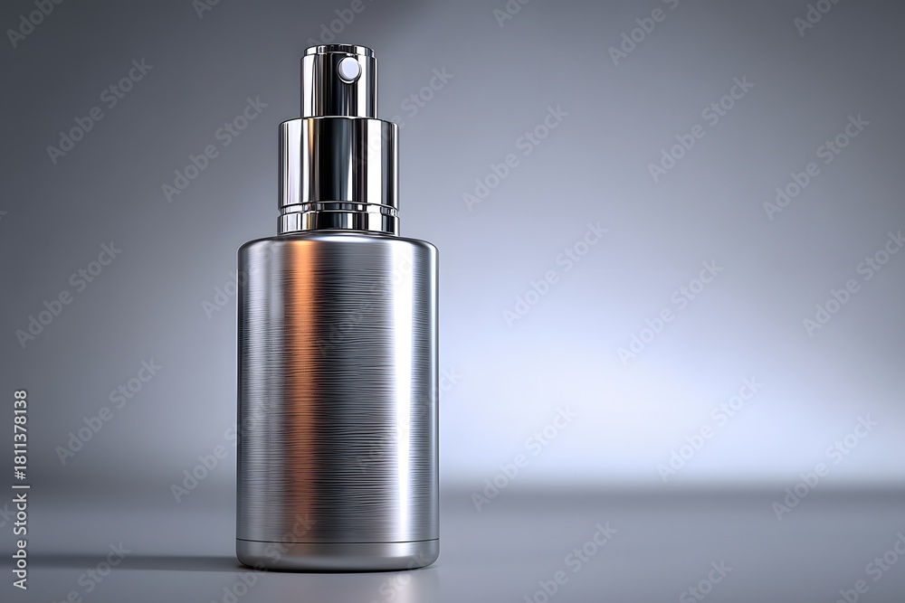 Obraz premium Bottle of perfume is sitting on a table. The bottle is silver and has a spray top. Concept of luxury and sophistication, as the perfume is likely a high-end product