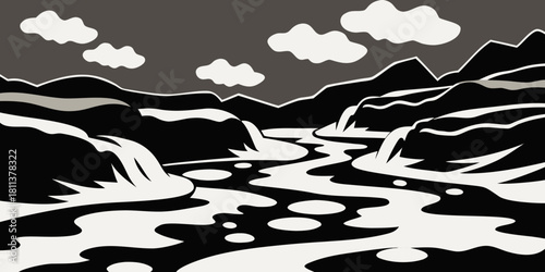 Dramatic monochrome river cascade linocut illustration with intr.
