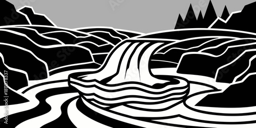Dramatic monochrome river cascade linocut illustration with intr.