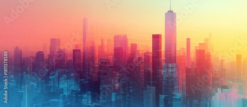 Vibrant city skyline at sunrise with colorful hues