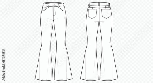 Women’s flared jeans technical flat sketch front and back view, fashion apparel CAD illustration, denim garment pattern template for clothing industry production design