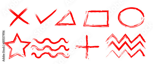 Set of minimalist shapes and symbols icons with transparent background, depicting hand-drawn marker elements for highlighting, correction, and graphic design, vector illustration