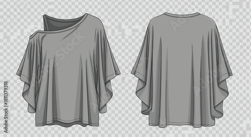 Women’s loose fit poncho blouse top with asymmetric neckline and draped sleeves, fashion garment illustration vector for apparel design and clothing production