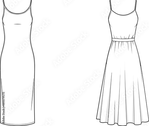 Women’s sleeveless cami dress fashion vector with fitted bodycon silhouette and flared midi dress option, technical flat drawing front and back illustration