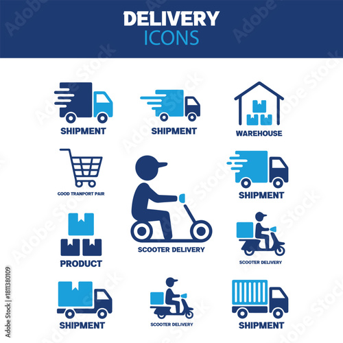 Fast Delivery and Logistics Icon Set: Shipping, Warehouse, Truck, and Courier Service Symbols