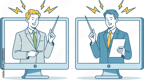 Two Business Experts Conducting a Joint Virtual Presentation or Online Seminar, Teaching and Explaining Concepts Remotely Through Video Monitors with Pointers.