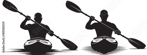 Two kayakers paddling together in a stylized silhouette