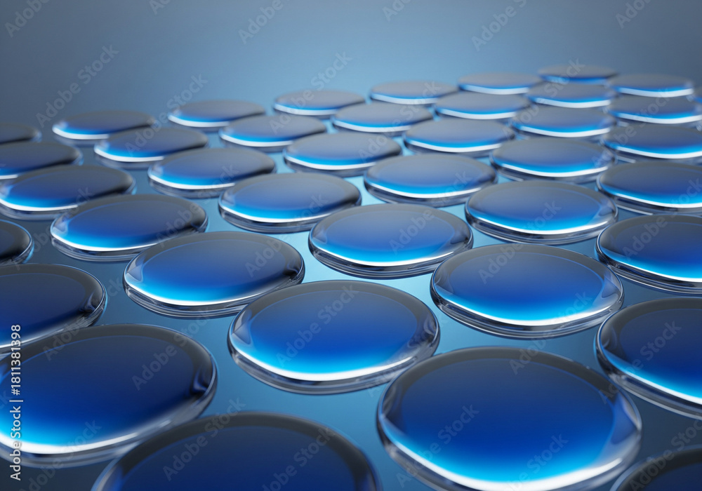 Fototapeta premium Abstract blue droplets with glowing edges on a smooth surface