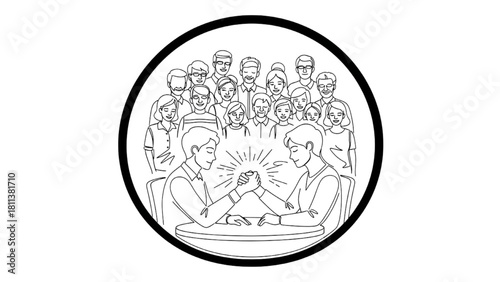 One-Line Dialogue Scene with Protective Shield Around People – Peace, Safety and Equal Rights Illustration