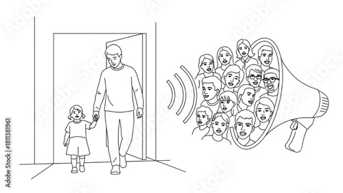 Child Holding Adult Hand at Threshold and Megaphone with Faces – Safe Migration and Freedom of Speech Illustration