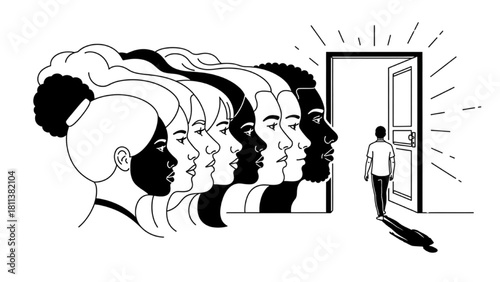 Merged Diverse Profiles and Person Walking to Open Door – Equality, Dignity and Opportunity Illustration