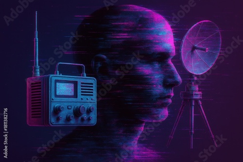 Abstract representation of human connection with technology showcasing a head silhouette juxtaposed with a radio, antenna, and satellite dish symbolizing communication dynamics