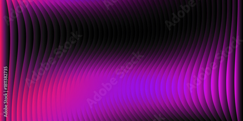 Neon ribbed fractal glass 3d background. Holographic vertical stripe pattern with vibrant purple blue yellow gradient. Abstract black bg, iridescent texture lines in radiant colors. 3D illustration