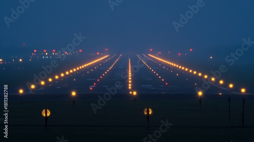 Airport Runway Lights, Night Scene in Foggy Atmosphere, Wide View, copy space.